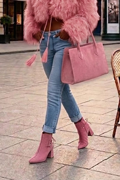 Women's blush pink back lace-up ankle boots with pointed toe and high slim heel - Worn view